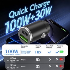 100W Car Charger Fast Charger 2-in1 USB C Cigarette Lighter Adapter Pull Ring