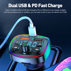 Bluetooth 5.0 Car Wireless FM Transmitter Adapter 2USB PD Charger MP3 Hands-Free