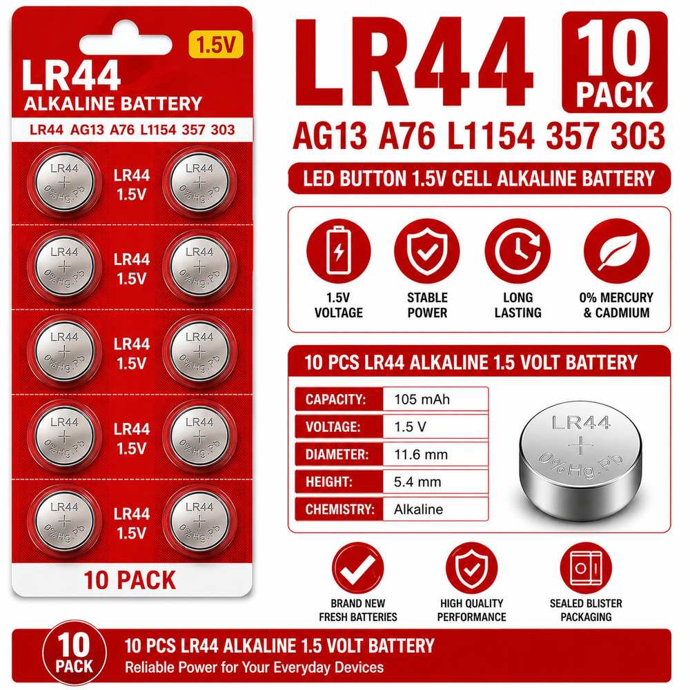 LR44 10 PACK LR44 AG13 A76 L1154 357 303 LED Button 1.5V Cell Alkaline Battery
