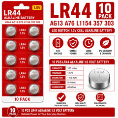 LR44 10 PACK LR44 AG13 A76 L1154 357 303 LED Button 1.5V Cell Alkaline Battery