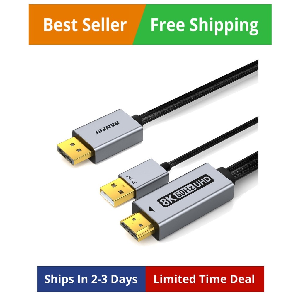 DisplayPort 1.4 to HDMI 2.1 6 feet Cable 8K@60Hz 4K@240Hz/165Hz/144Hz/120Hz, …