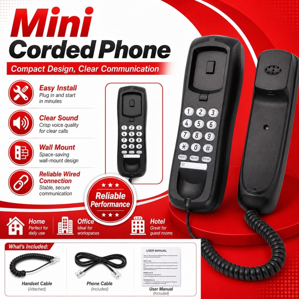 Black Wired Corded Landline Telephone Desk Wall Mount Phone for Home Office
