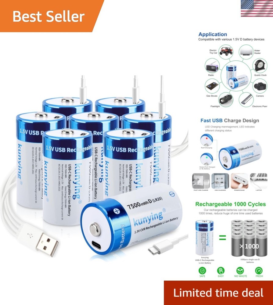 High-Drain 8 Pack Rechargeable D Batteries – 7500mWh Power with Safety Features