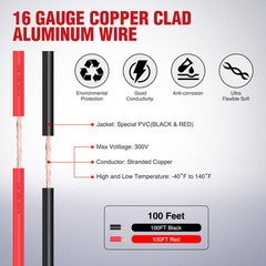 100FT 16AWG Copper Clad Aluminum Wire 16/2 Gauge Red Black CCA