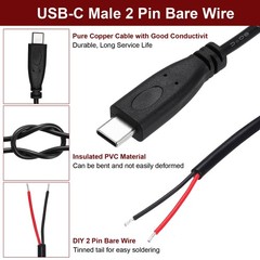 0.25M/0.8Ft USB C Male Plug Bare Wire Cable 22AWG 12V 3A 2 Pin 2Pcs