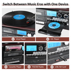 Record Player 10 in 1 3 Speed Bluetooth in/out Turntable CD Cassette Player AM/