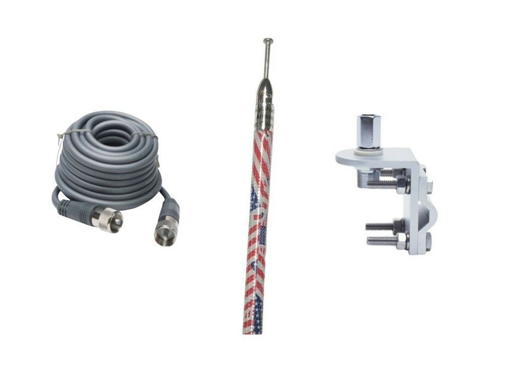 3 FT USA FLAG SKIPSHOOTER CB ANTENNA USA MADE, 18FT GREY RG8X, BRACKET, STUD