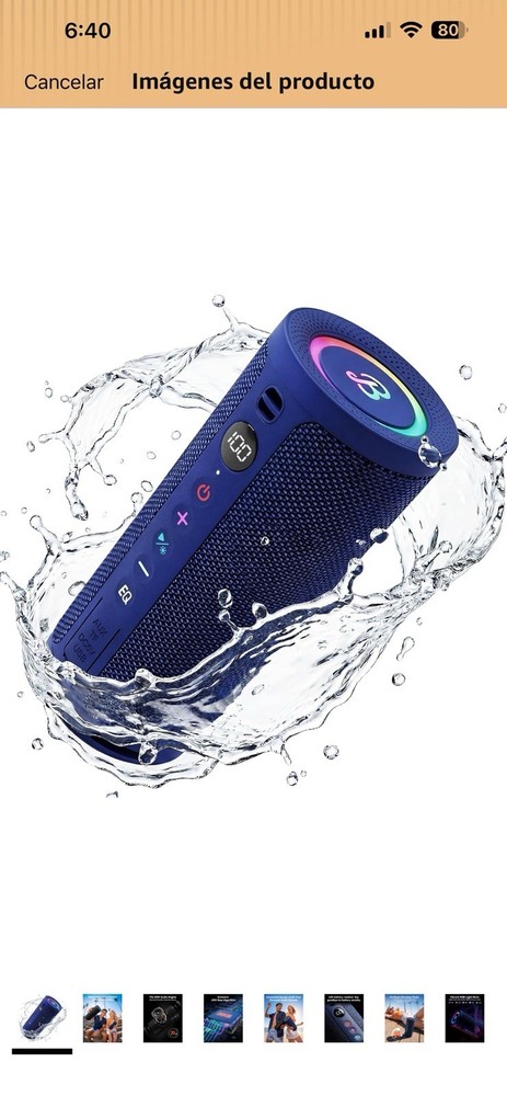 Blue Waterproof Portable Bluetooth Cylinder Speaker w/ LED Ring, AUX USB
