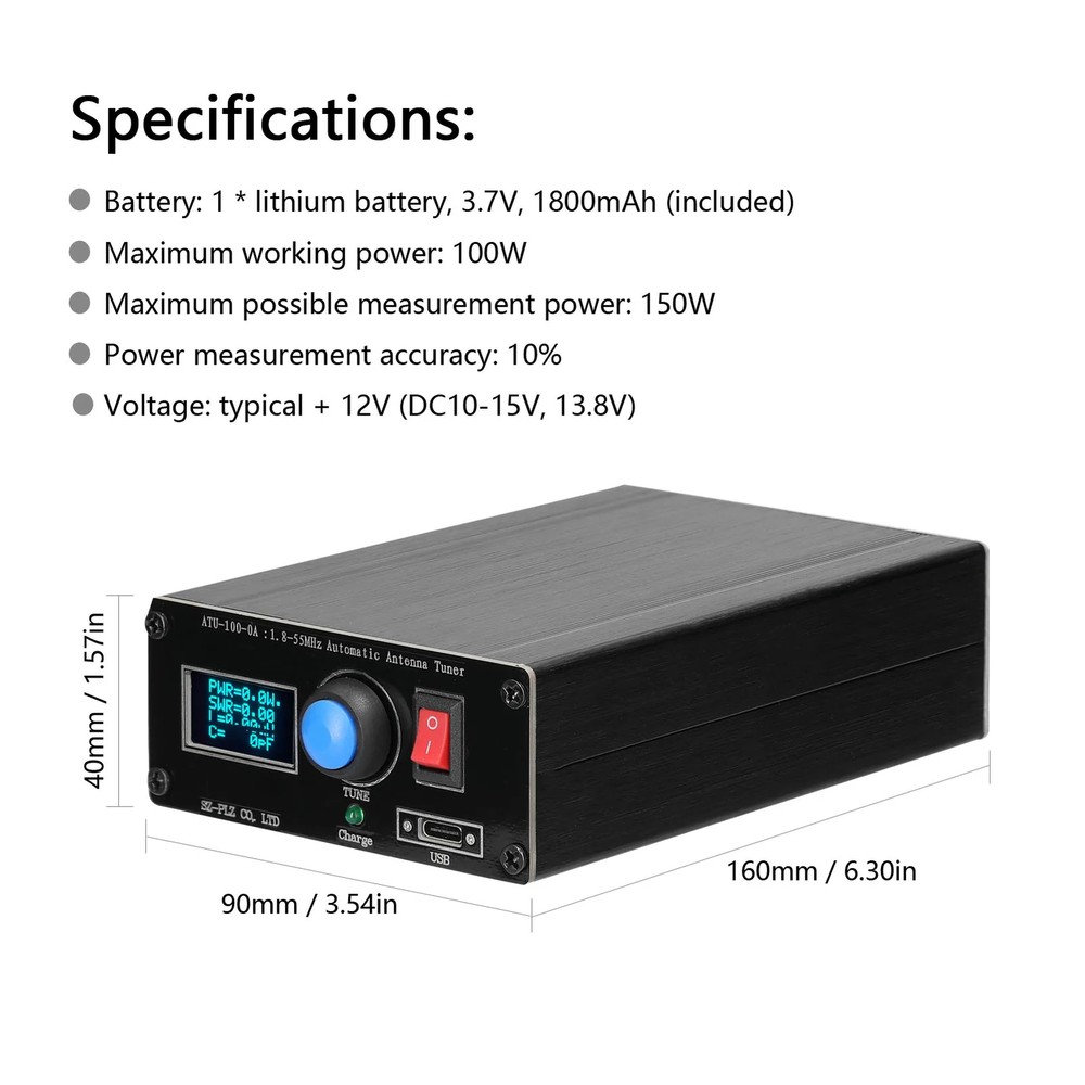 ATU-100-0A 1.8-55MHz Mini Automatic Antenna Tuner 0.9in OLED Aluminum Alloy case