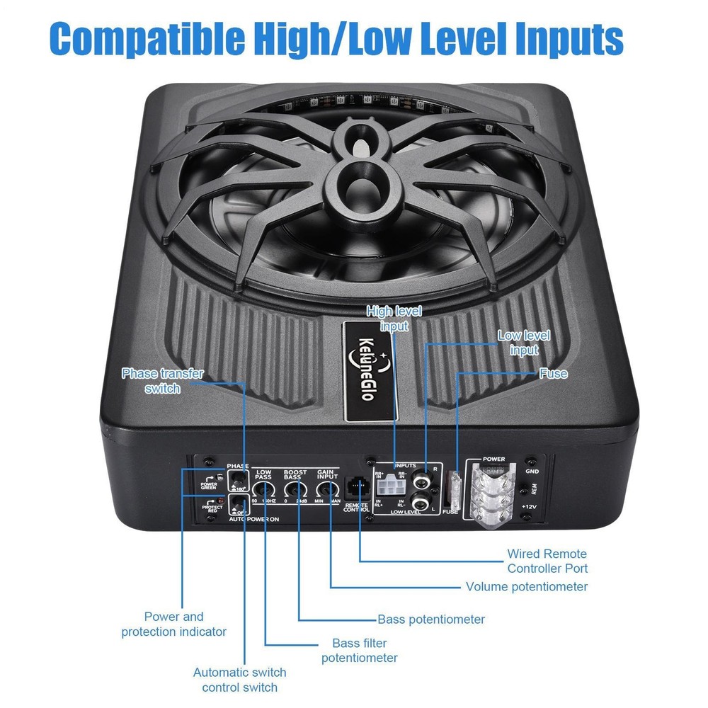 1200W Powered Car Truck Sub: Slim Under-Seat 10″ Subwoofer w/ Amp Kit Speaker