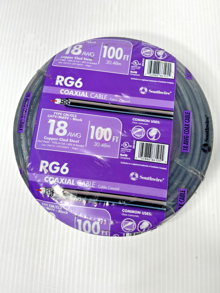RG6 Coaxial Cable 100 Feet 18 AWG CM/CL2 CATV/MATV Copper Black NEW Sealed Roll