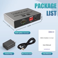HBAVLINK HDMI Splitter 1 in 2 Out 4K 60Hz – EDID Clone, HDCP2.2, HDR, Grey