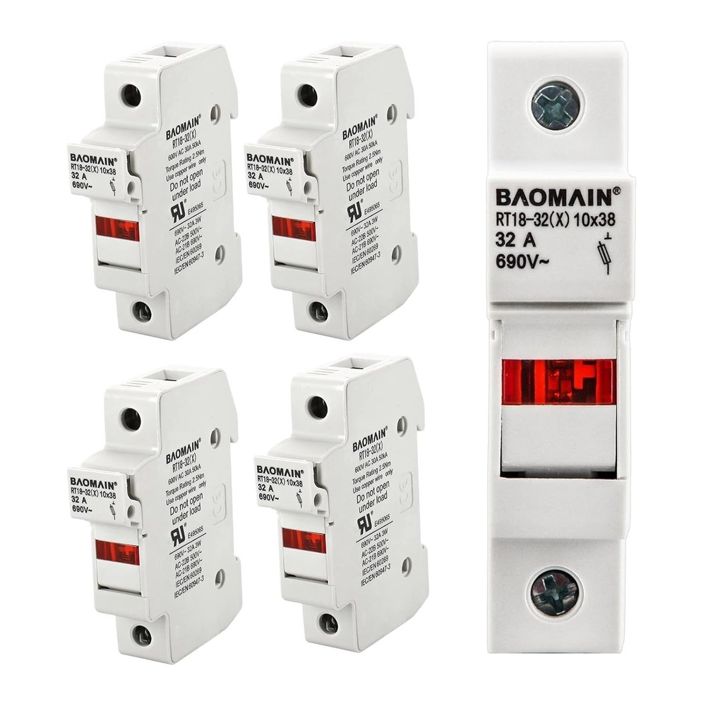 Baomain 5-Pack Cylindrical Fuse Holder RT18-32(X) 10 X 38mm Fuse Base Single Pol
