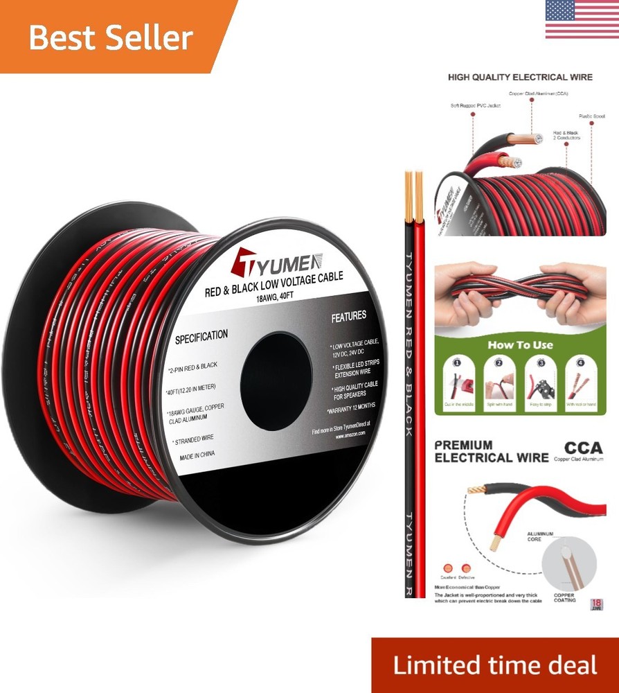 Heavy-Duty 40FT 18 Gauge Hookup Wire for LED Lights & Electrical Applications