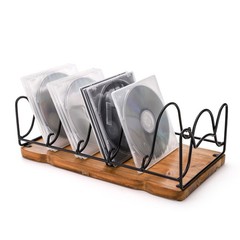Rustic CD/DVD Storage Rack, 5-Slot Metal Wire & Wooden Base, Holds 25 Cases