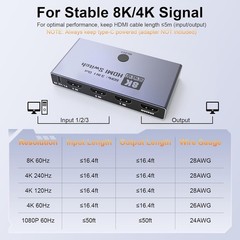 HDMI 2.1 Switch 3 in 1 Out, 8K@60Hz 4K@240Hz/120Hz 48Gbps, HDMI Switcher T01-32