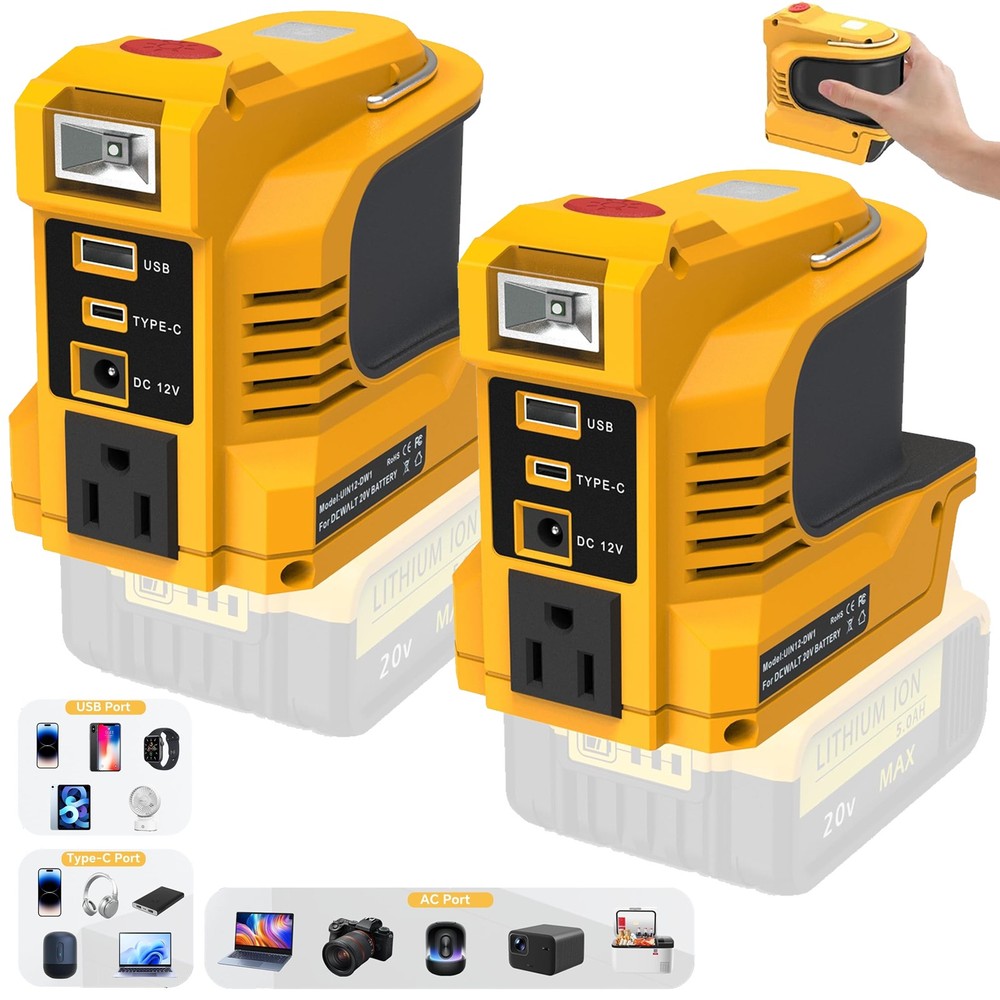 2PACK Power Inverter for DeWalt 20V Battery 220W USB-C 18W LED Light AC Outlet