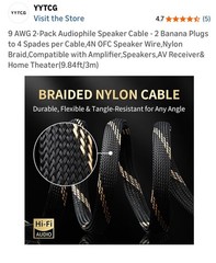 12 AWG 2Pack Audiophile Speaker Cable Wire with Banana Plugs, 4N OFC 9.8 Feet