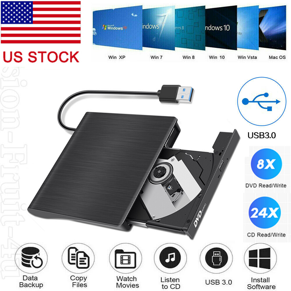 Slim External CD DVD Drive USB 3.0 Disc Player Burner Writer For Mac Laptop PC