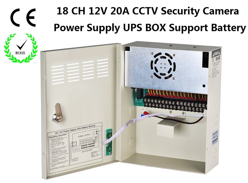 CCTV Camera 12V DC 18Channel 20A UPS Box Power Supply Support Battery CE ROHS