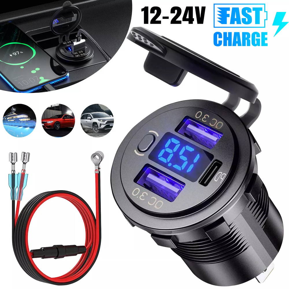 12-24V Dual USB Car Fast Charger Socket QC3.0 Port & PD Voltmeter Boat Marine RV