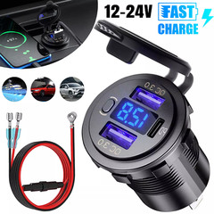 12-24V Dual USB Car Fast Charger Socket QC3.0 Port & PD Voltmeter Boat Marine RV
