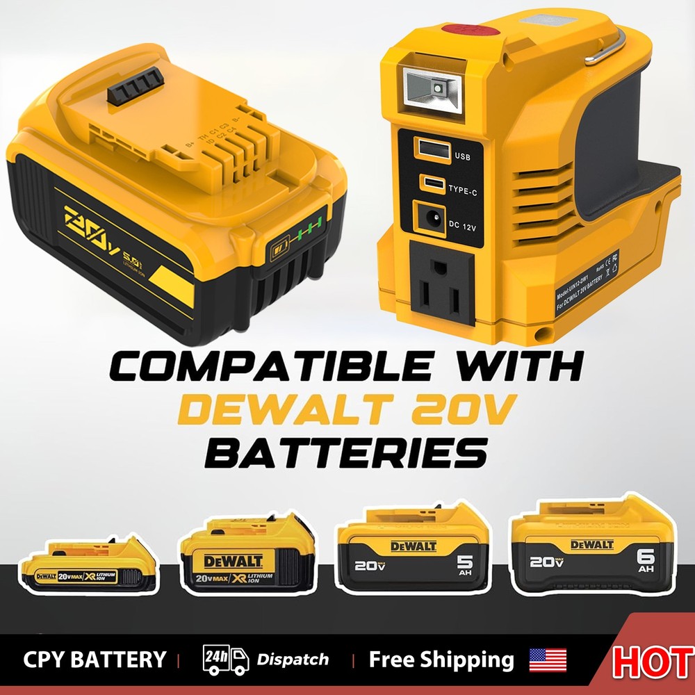 220W Power Inverter for Dewalt DCB205 20V 5.0Ah Battery USB-C PD 18W LED AC 110V