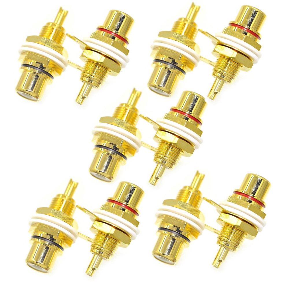 10 RCA Female Chassis Panel Mount Jack Socket Bulkhead Connector 24K Gold Plated