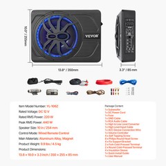 VEVOR 10” 440W Under-Seat Slim Car Subwoofer Hi-fi Speaker Sub Amp Kit