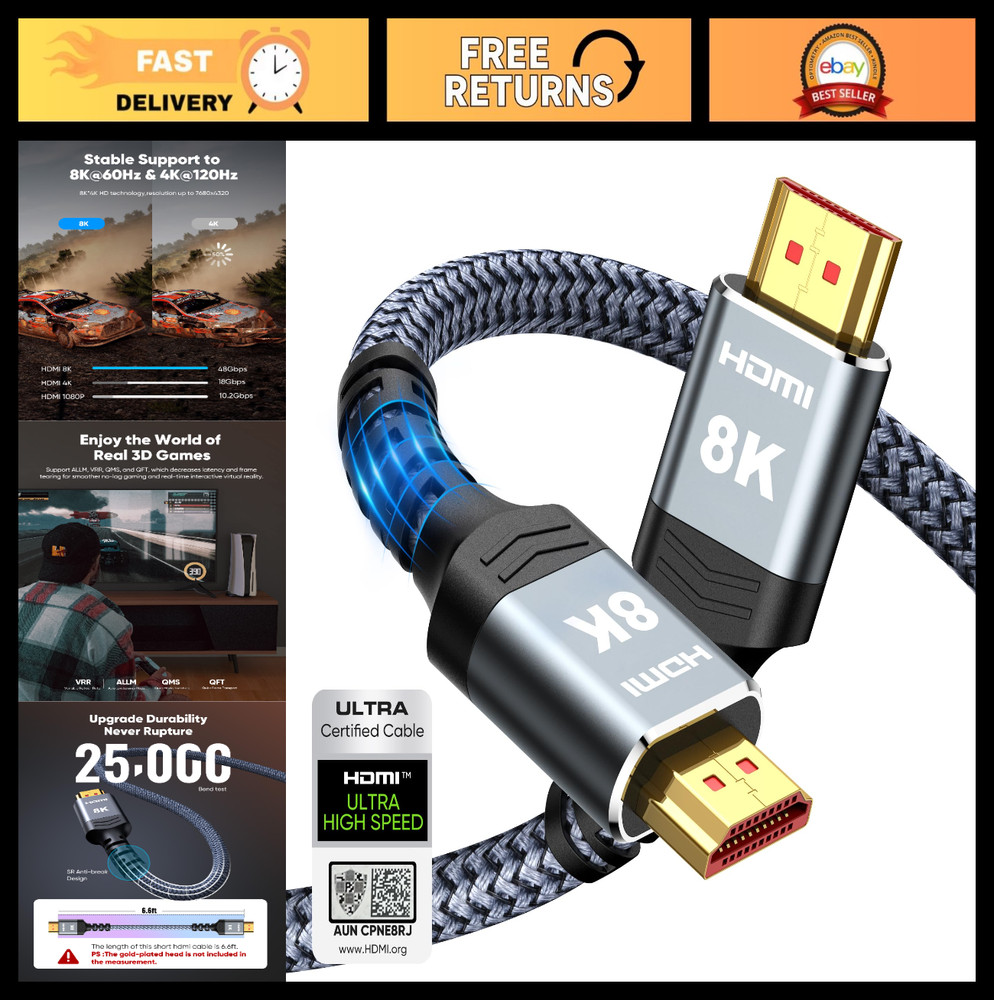 Ultra High Speed 8K 10K HDMI Cable 48Gbps 6.6FT Braided Cord – 4K@120Hz, HDR, DT