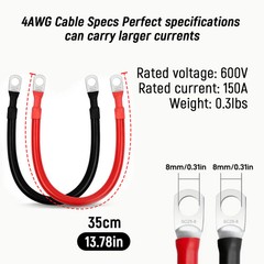 WattCycle 4AWG 11 Inches Battery Inverter Cable Set for Solar Car Boat Marine