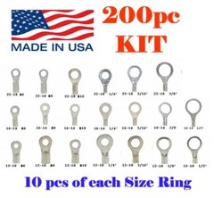 (200) Non-Insulated Ring Wire Terminal Connector Kit 22-18 16-14 & 12-10 AWG USA