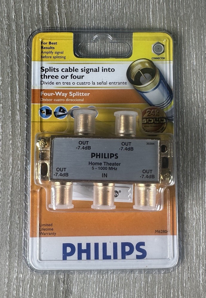 Philips 4-Way Coaxial Cable Splitter 5-1000 MHz 24K Gold Theater M62804 Sealed