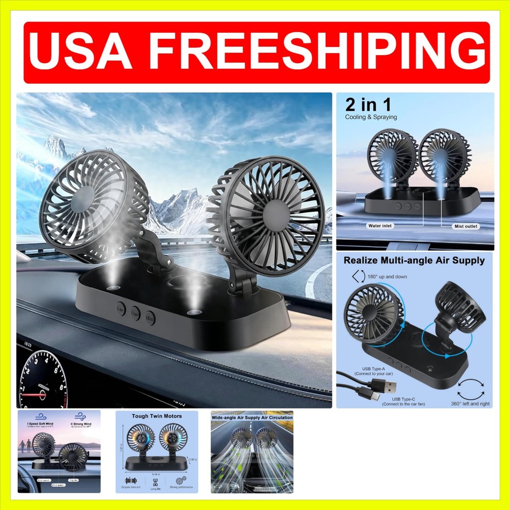 2-IN-1 Car Fan Cooling & Mist, Dual Head DC 5V USB Car AC, 360° Rotatable & 2…