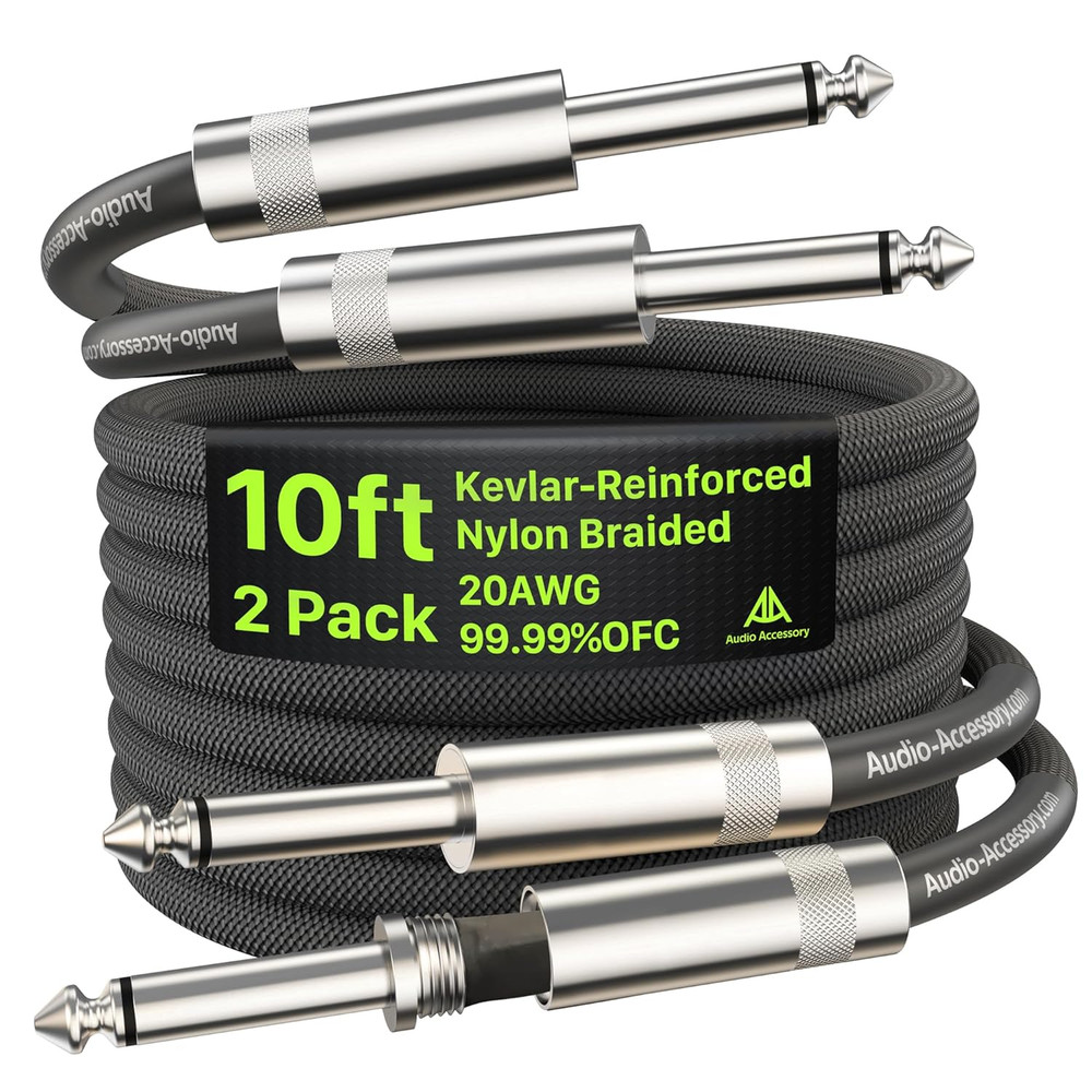 Kevlar-Reinforced Guitar Cable 10 Ft 2 Pack, 20AWG 99.99% OFC, 10X Heavy-Duty Ny