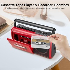 Innovative Red Portable Cassette Tape Player Boombox – AC or Battery Operated