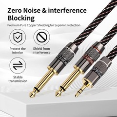 3.5mm TRS to Dual 6.35mm TS Y Splitter Audio Cable, 24K Gold-Plated, Braided Hi-