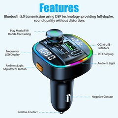 Bluetooth5.0 Car Wireless FM Transmitter Adapter USB PD Charger AUX Hand-Free US