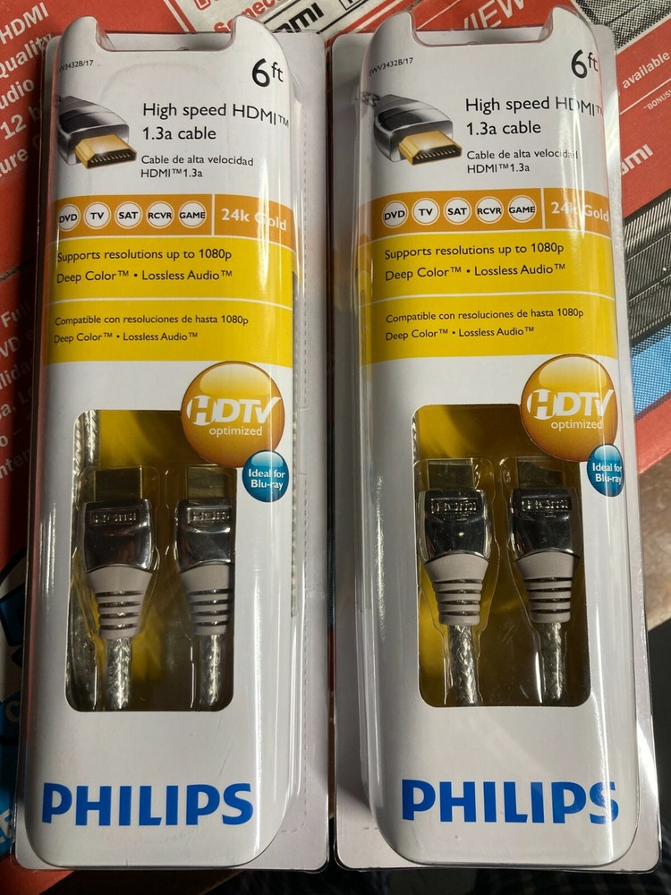 2 New Philips HDMI 6ft High Speed Cables w/ 24K Gold Plated Pins 1.3a Cable