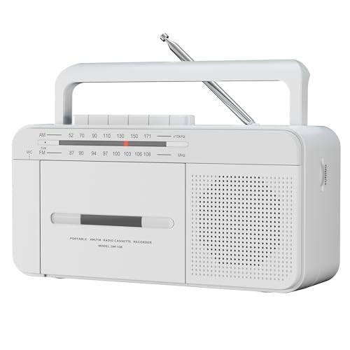 Portable Cassette Player Recorder Boombox with AM/FM Radio, AC or Battery White