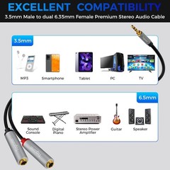 3.5Mm TRS to Dual 6.35Mm Stereo Y Splitter. 1/8 Inch Male to 2X 1/4 Inch Mono Fe