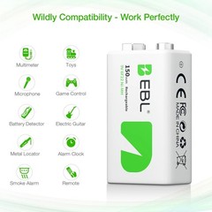 EBL 9V Rechargeable Ni-MH Battery 150mAh,9-Volt Lot