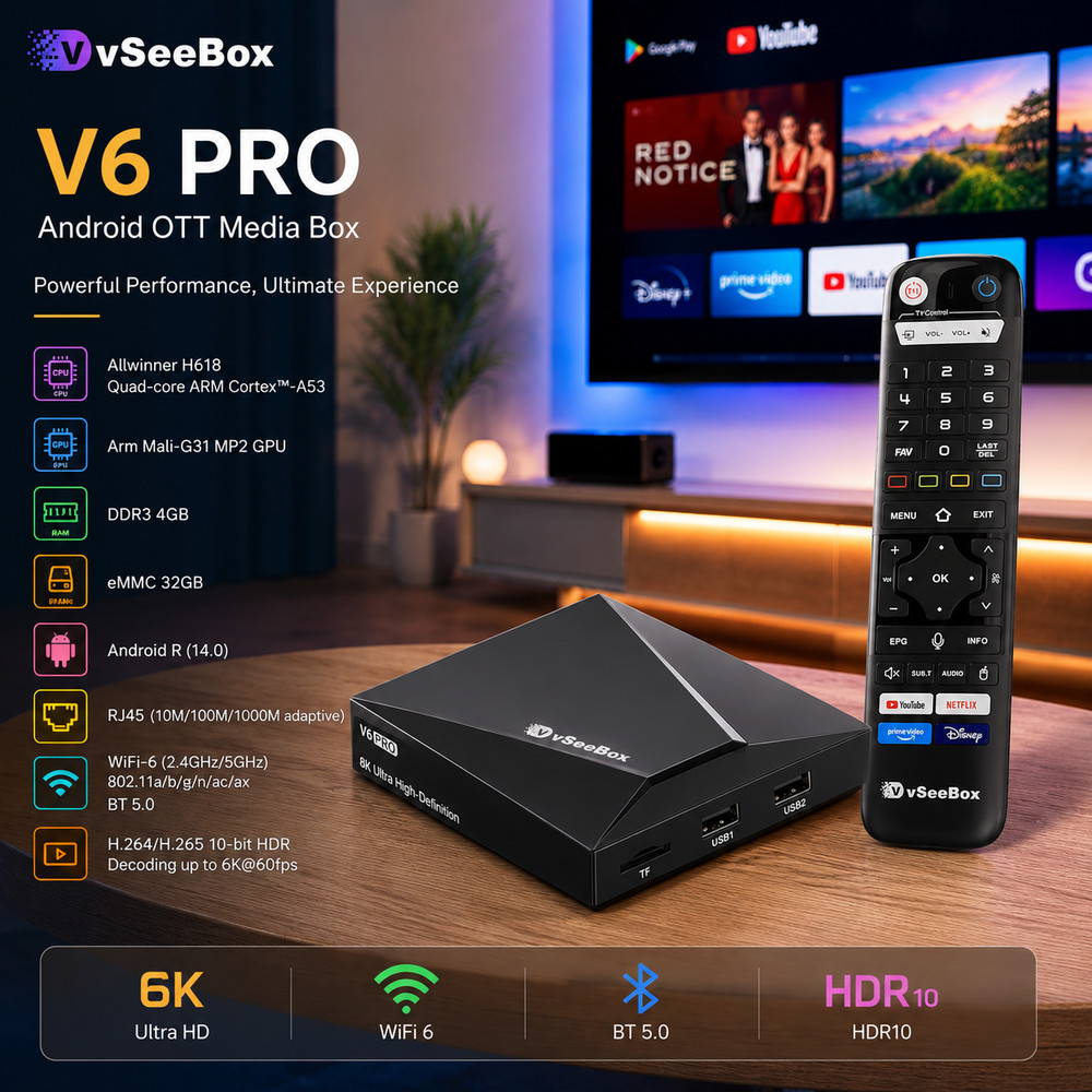 Vseebox V6 Pro Android 14 TV Box with 4GB RAM 32GB ROM & Bluetooth Voice Remote