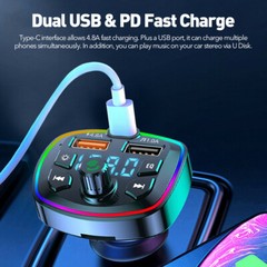 Wireless Bluetooth 5.0 Car Hands-Free FM Transmitter Adapter 2USB PD Charger AUX