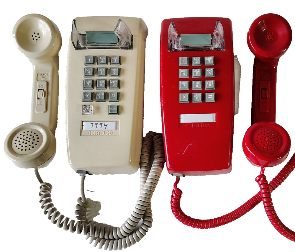 2 Cortelco 2554 Red & Ash Wall Phone Vintage Push Button Bell Ring Retro Mod USA