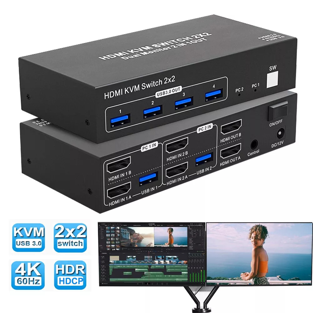 4K 60Hz Dual Monitor HDMI KVM Switch 2×2 USB 3.0 Extended Display For PC Laptop