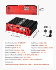 VEVOR Monoblock Car Amplifier Class D Subwoofer Amplifier 2000W RMS 1/2/4 Ohm