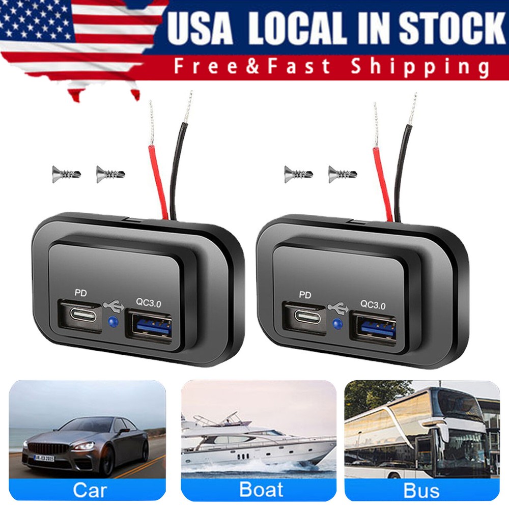 12-24V 4.8A Dual USB PD QC3.0 Car Boat RV Charger Socket LED Power Outlet lot