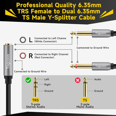 1/4″ TRS Stereo Splitter Y Cable 6.35mm Female To Dual TS Mono Male 1ft