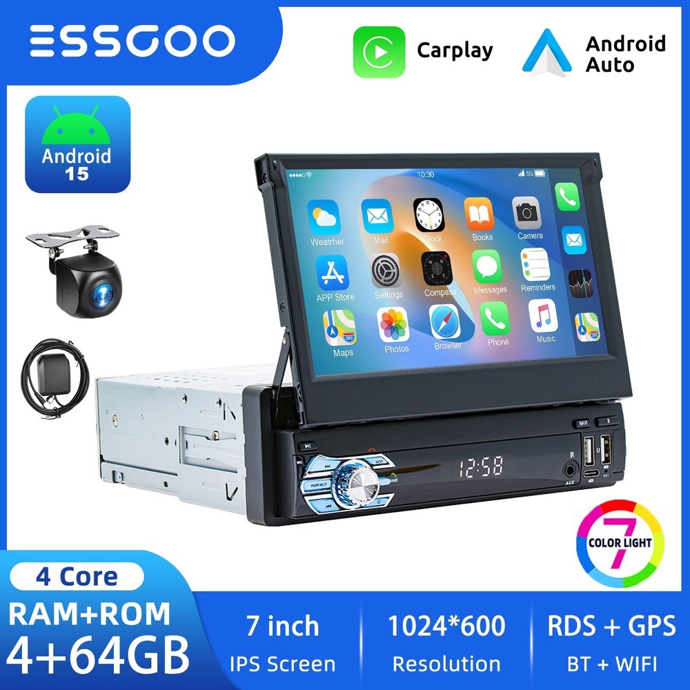 7″ Car Stereo Radio 1DIN Apple CarPlay Head Unit FM BT GPS Camera Wifi BT 4+64GB